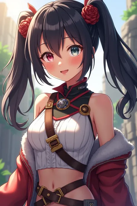 tiny girl,Beautiful breasts,Smile with open mouth,A dark-haired,Twin-tailed,Adventurer Costume,Heterochromia,Top image quality,Best Quality