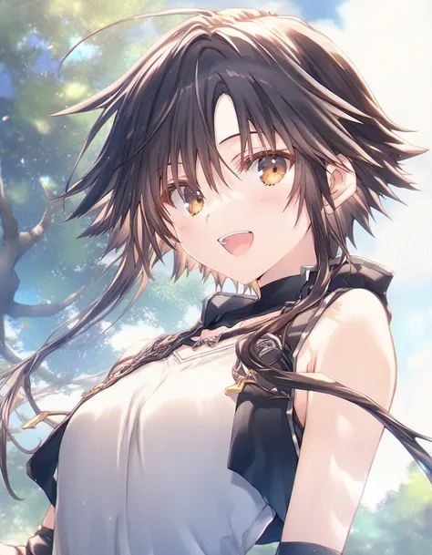 1girl, tomboy, little female, small breasts, beautiful detailed eyes,open mouth, outdoors,wind, fantasy, game CG, break,((artist:mitsumi_misato)),(artist:fujiyama),(artist:suzumori),(masterpiece), (best quality), (ultra-detailed), very aesthetic, newest, b...