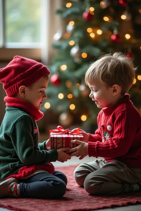 Make a Christmas image where it is shown on a Christmas background in a small school located outside the city, that is, in the countryside, where a boy and a girl with good economic resources share Christmas gifts with ren with low economic resources 
