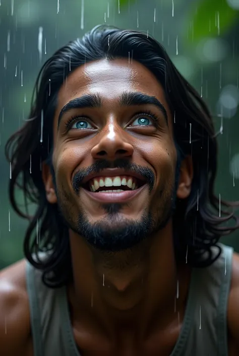  Dark brown face of a young man with bright blue eyes and striking eyebrows with eyebrows , long hair and white eyebrows with a big wide and beautiful smile ,  as it rains he looks up to the sky and drops of water fall on his brown and smiling face