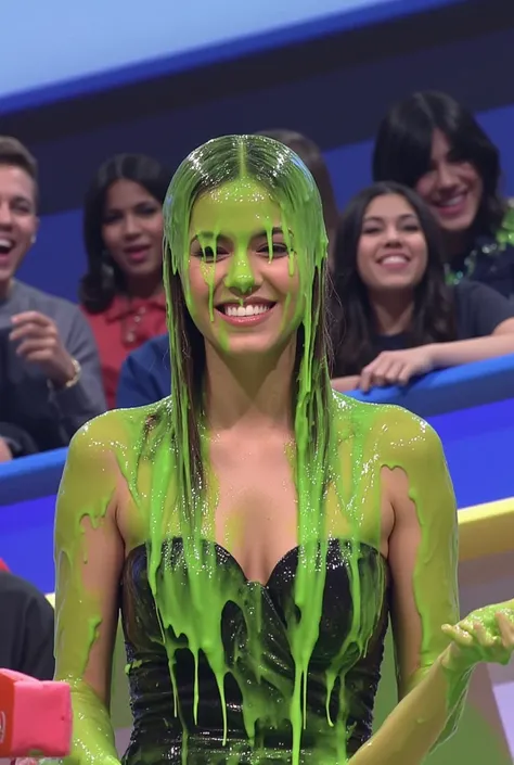 Portrait photograph of Asian woman covered in green slime. hyper-realistic style. 8k. Photorealistic. Glistening slime. Green slime. Dripping slime. Raw photo. Asian Instagram influencer. Asian model. Asian. (Asian girl: 1.1). F/1.4 aperture. 35mm. Straple...