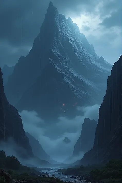 Giant mountain on a rainy night 