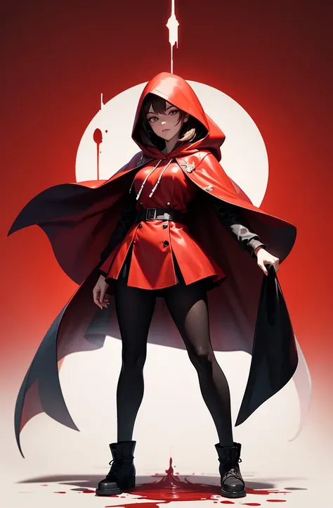  Create an image for my book ,  there is a female figure dressed in a red cloak and hoodie,  standing looking forward against a red background . The figures face is obscured by a shadow ,  and there appears to be blood flowing down the front of the cloak 