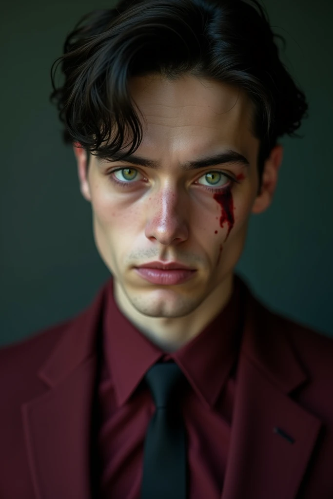  a 25-year-old man ,  with black hair ,  white skin ,  Caucasian, man with heterochromia ,  attractive man with a white eye and a green eye,  with an intense look ,  bloodstains on his cheek ,  dressed in a burgundy suit ,  a wine-colored shirt and a black...