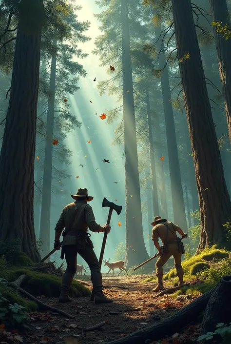 Zoom on lumberjacks felling trees while the forest seems "to cry", with leaves falling and animals fleeing 