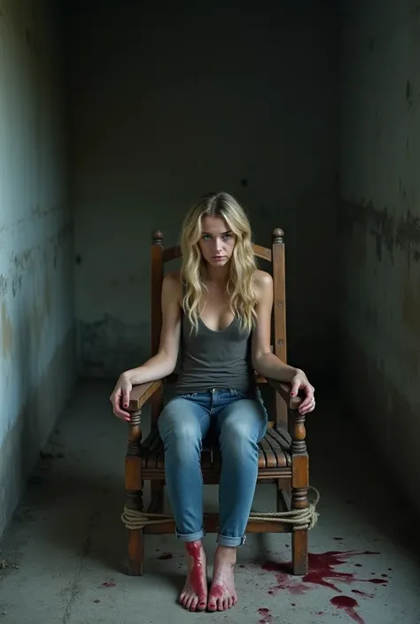 Please,  you can create an image of this :  an empty and shady shed ,  the bare and cold walls ,  reflecting the harsh reality of the place . in the center,  a wooden chair deteriorated by time .  Sitting in the chair there is a young woman ,  her blond an...