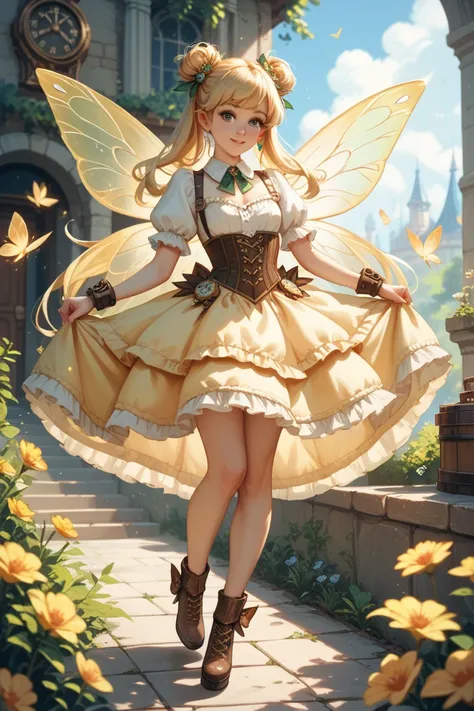 generate a fairy of ligth,she looks like a cute teenager, his hair his long and blonde,she has golden fairy wings,full body artwork,she is from a steampunk setting