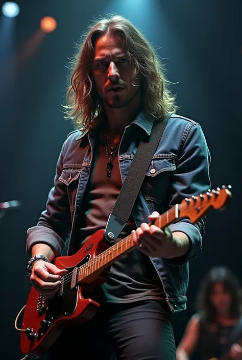 Rockers man playing guitar,long hair,jeans jacket