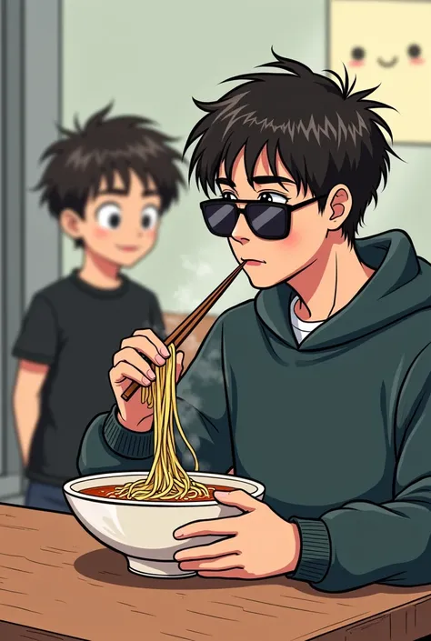 80s cartoon hand drawn style ，One was wearing a black sweatshirt， guy with sunglasses has very short hair and is eating a bowl of soup noodles with chopsticks