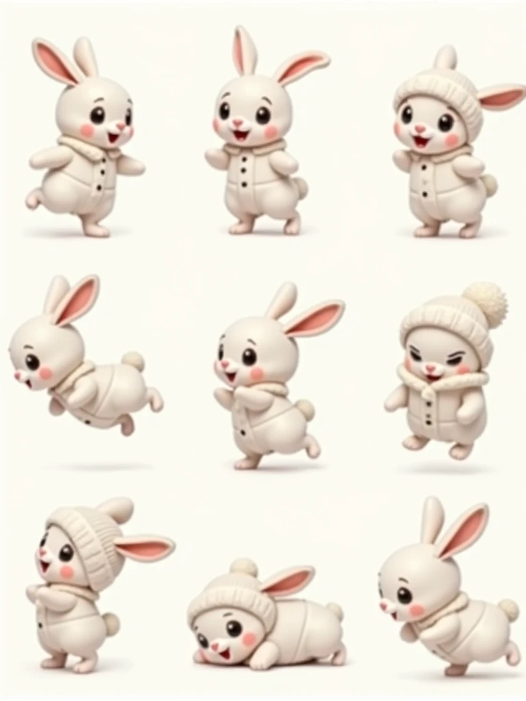 Character sheet of a cute cartoon bunny rabbit dressed in a white coat and hat, (character style sheet) in 8 different positions, running, jumping, lying down, happy, v 16:9   -- steps 40  