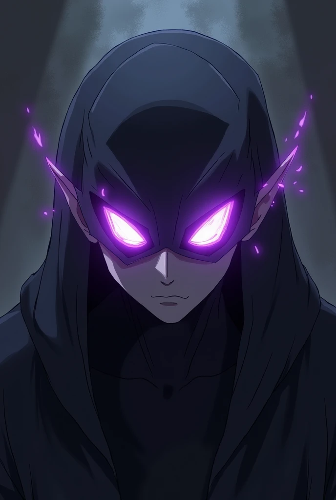 Make an anime image but one that is malevolent and that your eyes shine purple without pupils, just that it looks like rays coming out of your eyes. 