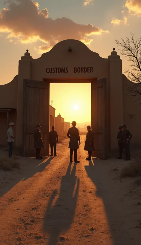  An early 20th century customs checkpoint on the desert border,  with a large wooden door ,  a small group of customs officers closing the door at dusk ,  a dusty road that leads to the side of the United States ,  surrounded by vast arid plains and scarce...