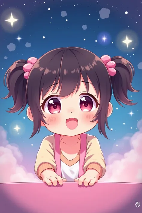 Short kawaii girl with pigtails and a happy background of stars looking in front 