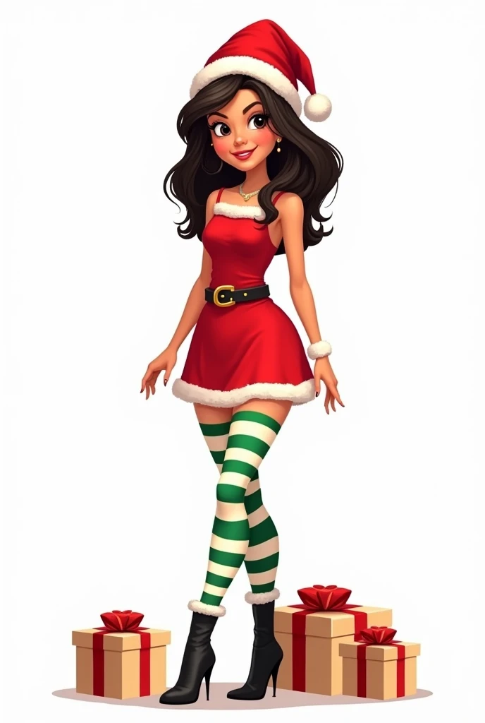 A cartoon illustration of a young Latina woman dressed as a Christmas elf, wearing a red dress, green and white striped stockings, and black high-heeled boots. The background of the image is white. There are several presents on the floor.