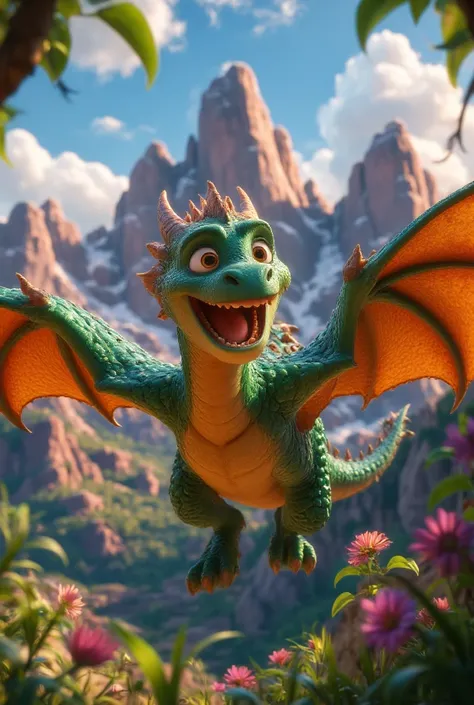 Create an animated image of a happy green dragon flying to its nest on top of a mountain