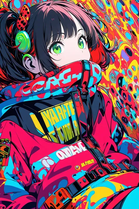 1girl,solo,anime style,upside-down,looking away,vibrant colors,green eyes,red and black hair,stylish outfit,oversized sweatshirt,bold graphic text,shorts,playful expression,ear accessories,colorful belt,flat design,red polka dot background,high contrast,mi...