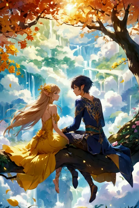 (master piece),(best quality),shoot from side,A Japanese anime-style fantasy illustration of two elf lovers in a magical setting. The couple sits on a branch of a colossal tree, which is part of an enchanted aerial garden floating among the clouds. The fem...