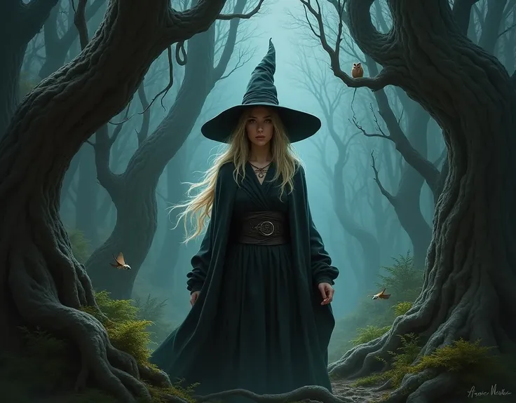 Browny green dark forest witchy 40 year woman darkblonde hair pointy hat