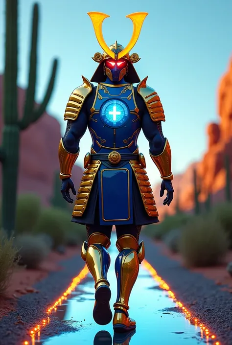   Futurist Samurai from Pernambuco — Guardian of the Digital Arc 
" A muscular samurai wearing golden armor ,  blue and white ,  decorated with a digital arc projected in neon on the back ,  inspired by the flag of Pernambuco . His armor is composed of met...