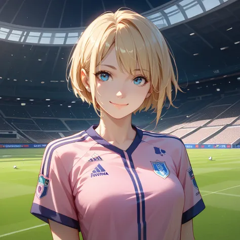 １Female in her 20s 、 full shot 、 very short cut hair、 blue eyes、Blonde、closed-mouth smile、( smaller breasts)、Pink uniform、 Soccer Stadium 、Shoot。active