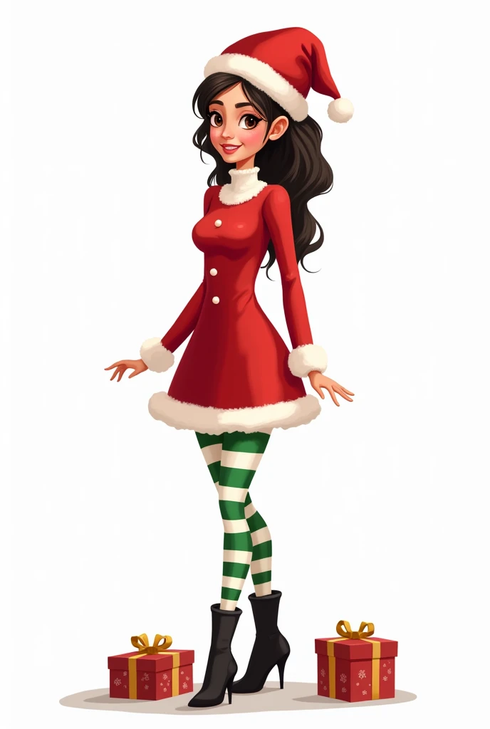 A cartoon illustration of a young Latina woman dressed as a Christmas elf, wearing a red dress, green and white striped stockings, and black high-heeled boots. The background of the image is white. There are several presents on the floor.