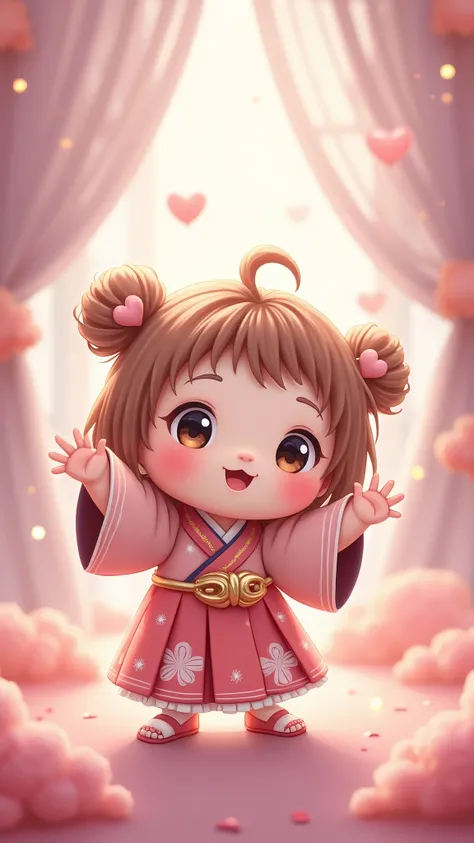 chibi cute , full body, Long Shot (LS), full body portrait, symmetrical composition, round face, big sparkling eyes, chubby cheeks, default transformation, baby-face, fluffy hair, mini hanfu with puffy sleeves in default color, default pattern, show all fi...