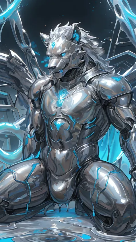 male, Synthesizer , metal silver slime body,  silver metallic sticky mucus , sticky skin ,sticky skin,Machine Tool , Android, Brad （ Elden Ring）,male, network Hive. Full Body Mechanical Bodysuit . Mechanical Lion  . full-body photo . Liquid Metal Mecha Cov...