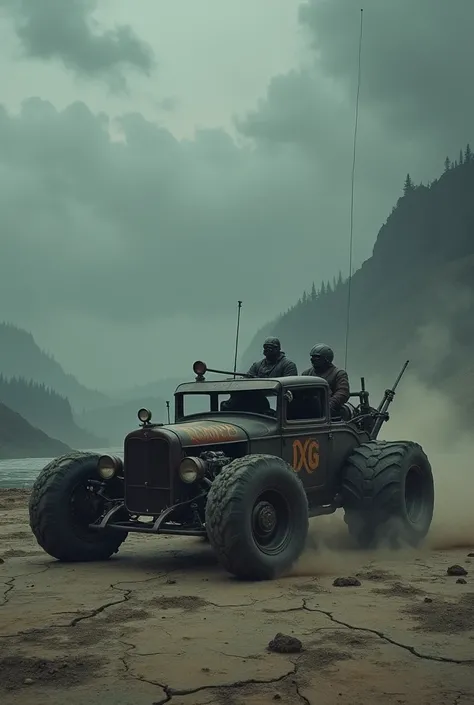 dungeons and dragons themed, steampunk, dune buggy, Plymouth retro rat rod, wide tires, metal tires, The sky is overcast with gray, ash-filled clouds, and the ground is a mix of cracked earth and barren, ashen plains, In the distance, there are dark, burnt...