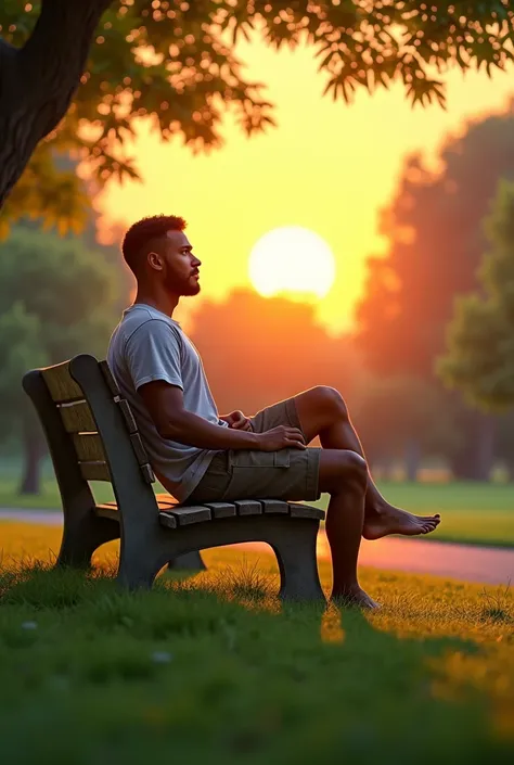 Brown man wearing a barefoot t-shirt and shorts sitting on a park bench with his feet in the grass watching the sun towards the horizon