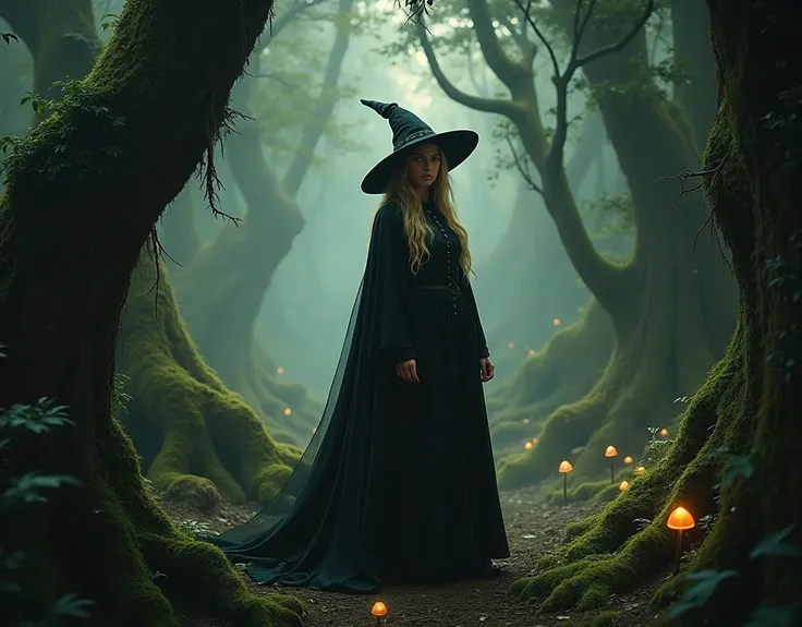 Browny green dark forest witchy 40year woman darkblonde hair pointy hat