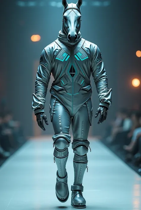 An ultra-realistic humanoid cavalo crioulo with the head of a horse, standing upright in a futuristic techwear ensemble. The horse has a strong, muscular build, showcasing its natural power and agility. Its body is dressed in a reflective silver bodysuit w...