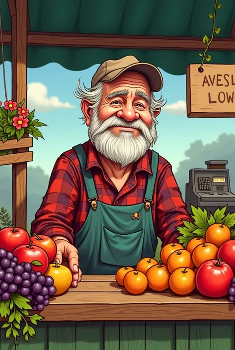 Cartoon cartoon of an old Northeastern man from the waist up owning a fruit stand