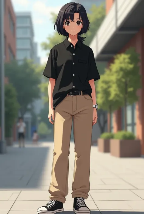 Create this outfit ..
 16-year-old girl with mullet cut Black button down shirt with beige pants and black shoes with white plus white watch 