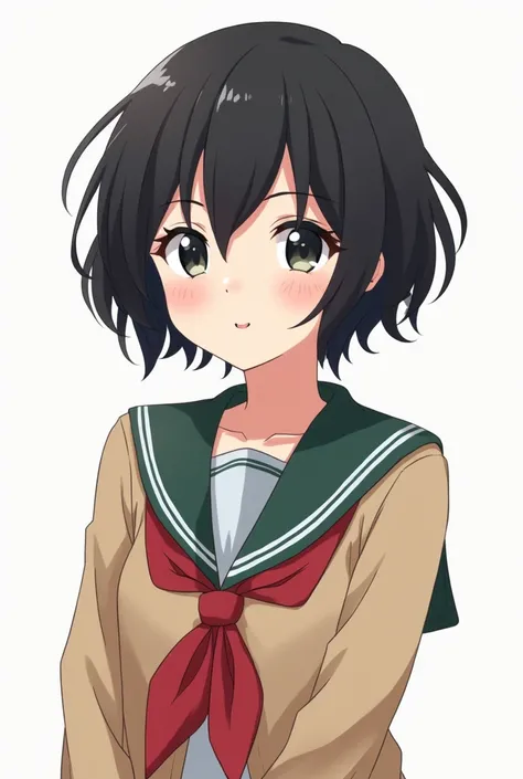 Generate an anime-style aesthetic icon of a young woman with short and slightly frizzy hair, Perfect now that I have school clothes and my hair is black