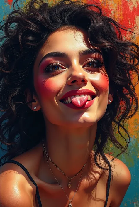 a beautiful Mexican woman with wild hair, smiling, oversized eyes, expressive portrait, intense colors, abstract expressionist style, dynamic brushstrokes, dramatic lighting, high contrast, deep shadows, vibrant palette, emotive energy, masterpiece, 8k, ph...