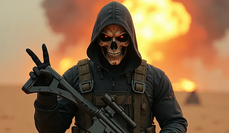 (((cinematic film still of soldier with a skullghost mask in a black outfit holding a rifle modern warfare style))), (((((distant nuclear explosion))))), (((World War))), (explosion,fire:1.2), (smoke:1.4), (((((desert))))), (RTX) cinematic film shot in 70m...