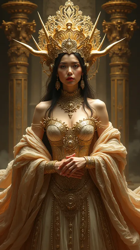 Baroque style art masterpiece mythological female luxury clothing noble headdress complex background light and shadow master composition mysterious atmosphere gorgeous decoration detailed light and shadow contrast golden tone gorgeous details rich dynamic ...