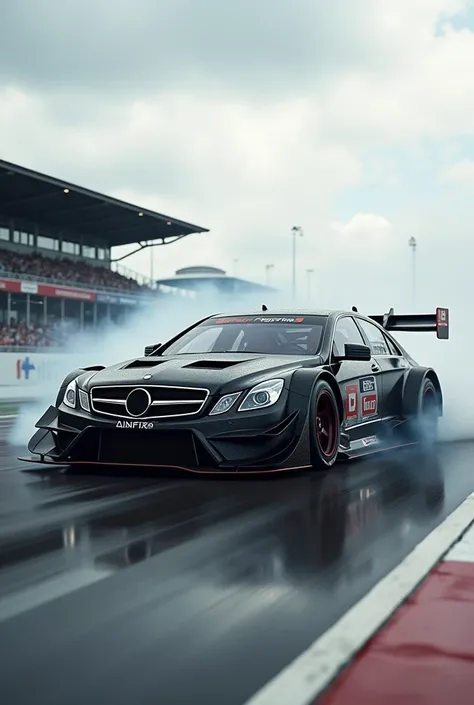 An ultra realistic photo of a Mercedes E class sedan from 2010 4-door with an extravagant version of Hotwheels with lots of fairings and a huge airfoil on a racetrack, smoke coming out of the tires