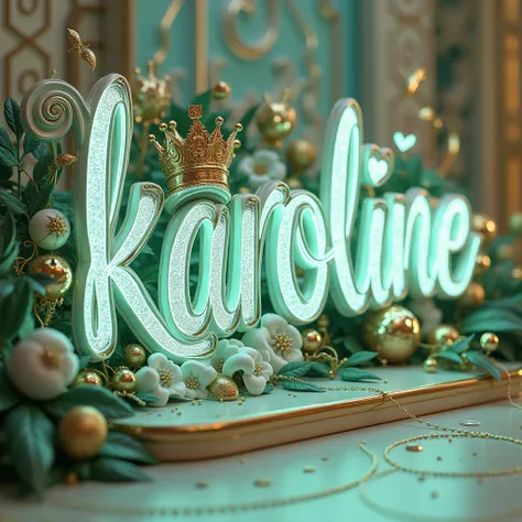 A 3D rendering of a captivating and enchanting scene, perfectly in the lyrics "Karoline". The letter is written in exquisite and opulent white Sophia with vibrant peridot green luminescence, featuring an elaborate font design adorned with swirls, hearts an...