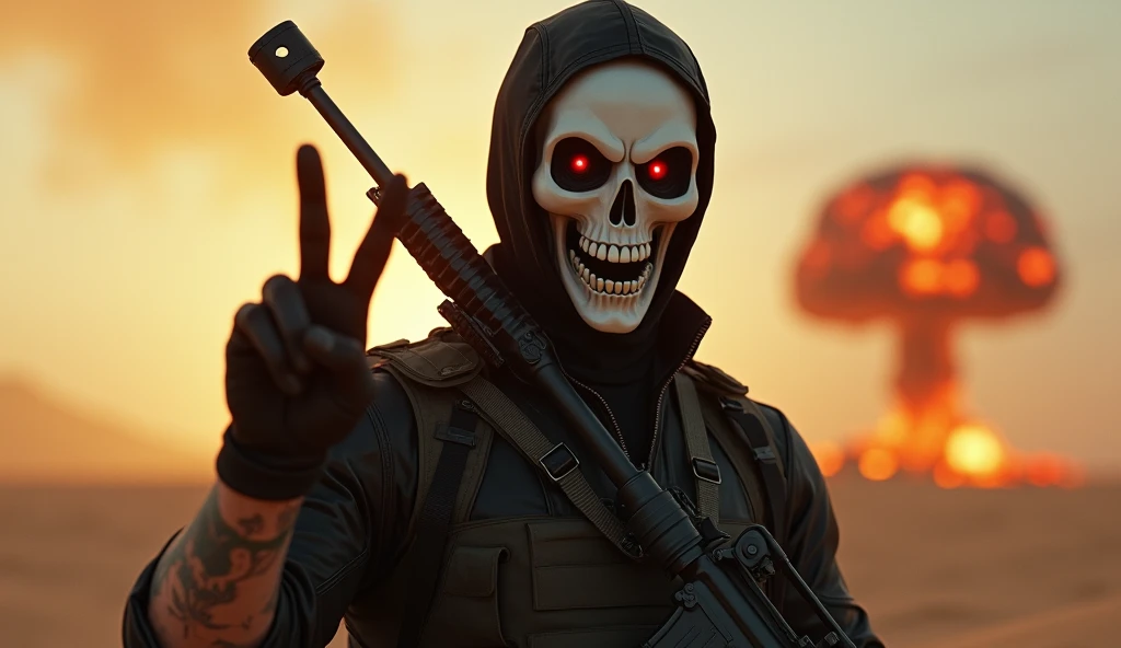 (((cinematic film still of soldier with a skullghost mask in a black outfit holding a rifle modern warfare style))), (((((distant nuclear explosion))))), (((World War))), (explosion,fire:1.2), (smoke:1.4), (((((desert))))), (RTX) cinematic film shot in 70m...