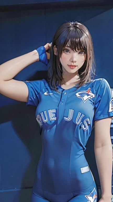  The pitcher pitches 、Tall、 is leggy、 beautiful legs、There is a very beautiful woman in the Toronto Blue Jays uniform,Yokohama Stadium、Pitching、