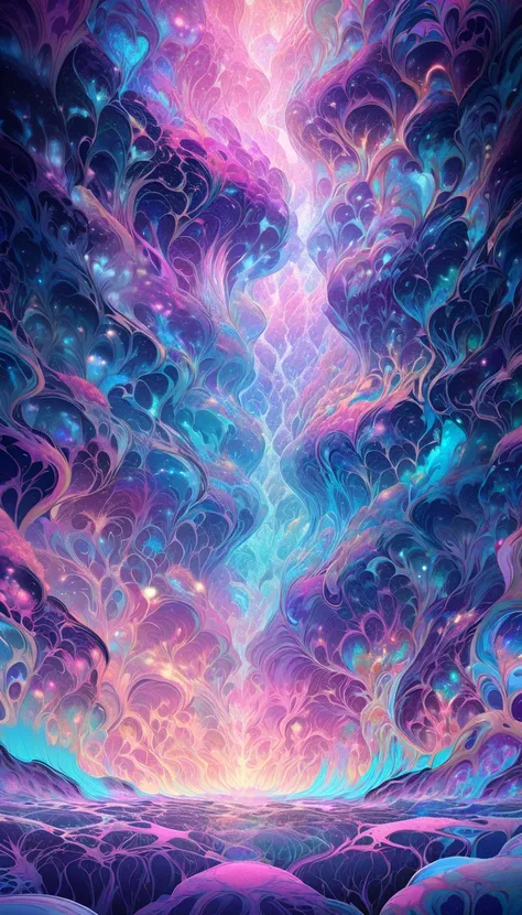 A dreamy, abstract anime forest at night, where the trees have fluid, surreal shapes and the ground is covered in glowing patterns. The sky is filled with swirling nebula clouds in shades of pink, turquoise, and gold, creating a magical, otherworldly atmos...