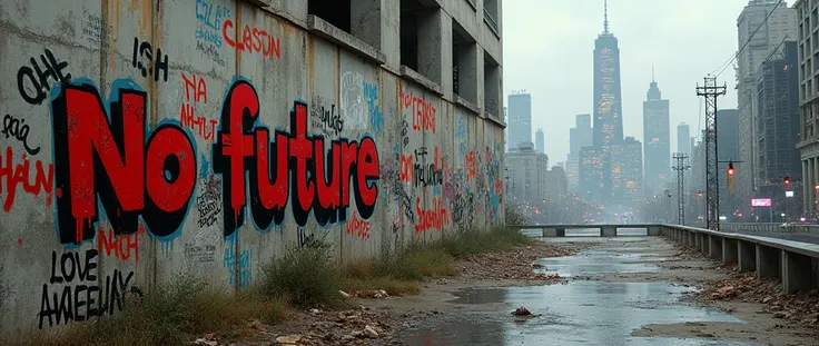 Wall with graffiti with the phrase  "No Future " With punk-style lyrics in front of .  destroyed focused on the middle of the background a dystopian cyberpunk city
