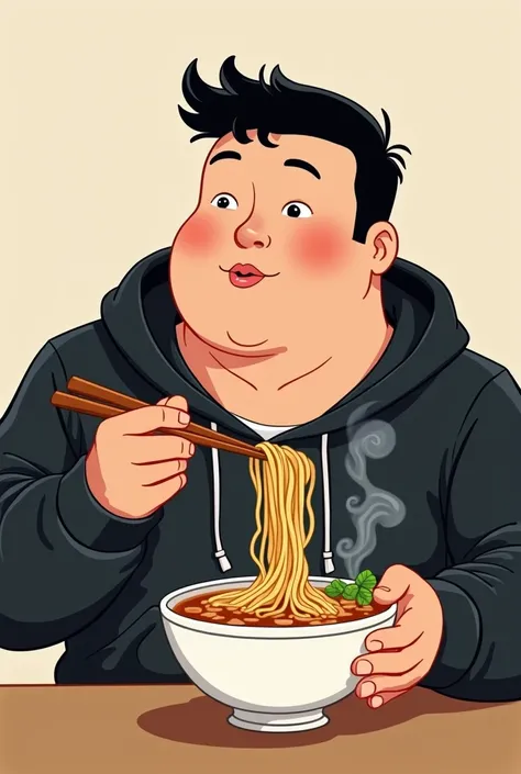 80s cartoon hand drawn style ，A handsome chubby guy with very short hair in a black hoodie is eating a bowl of soup noodles with chopsticks， There is only one person，