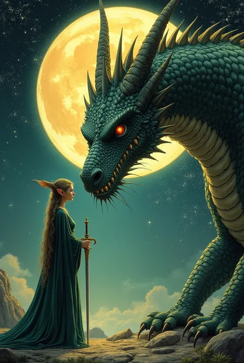 Elven Lord faces a dragon in front of it in the style of Edward Gorey and Pamela Colman Smith and Arthur Rackham., Lord of the ring Rivendell, Lothlorien, fantasy, a very beautiful elf holding a magnificent sword glistening with magic and jewels are faced ...