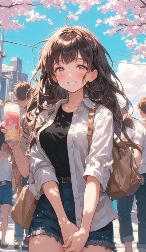  women have dark brown long hair with bangs 、 wearing a black top under a white shirt with canned juice in one hand１Rear view of Crouch down around the city Smile and wav広角ショット,  finder,  background blur ,  Backlight , Halftone Style, arms clasped together...