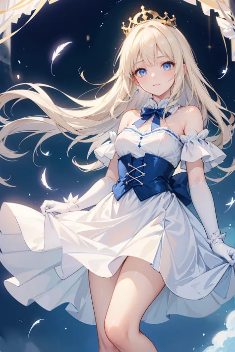  A charming blond angel ， Her long hair is adorned with delicate hair accessories ， with bright blue eyes Looking directly at the audience with a bright smile。 She wears a blue and white off-the-shoulder pleated skirt，Paired with white stockings，Blue heels...