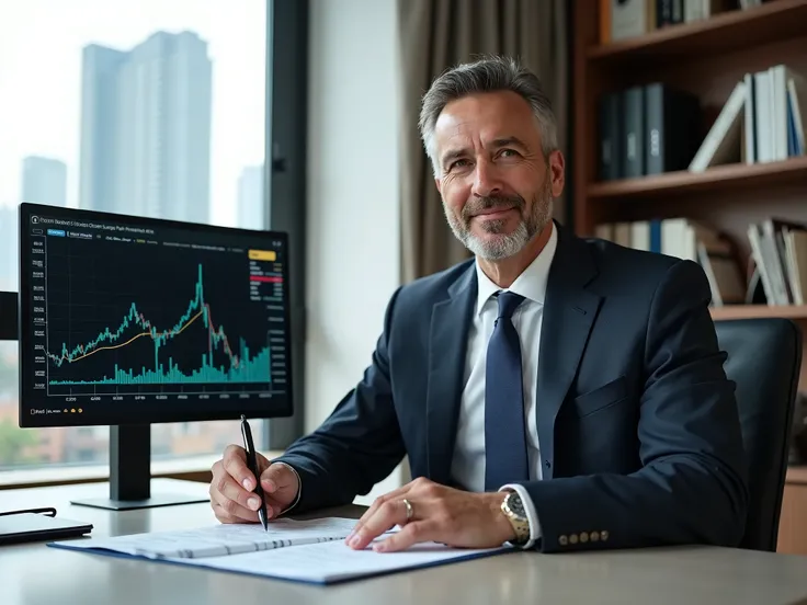 A middle-aged man in a modern and elegant office,  with a confident appearance and firm posture .  He wears a high-quality suit and is seated in front of a monitor with financial graphics and numbers highlighted. The environment has a minimalist decor , wi...