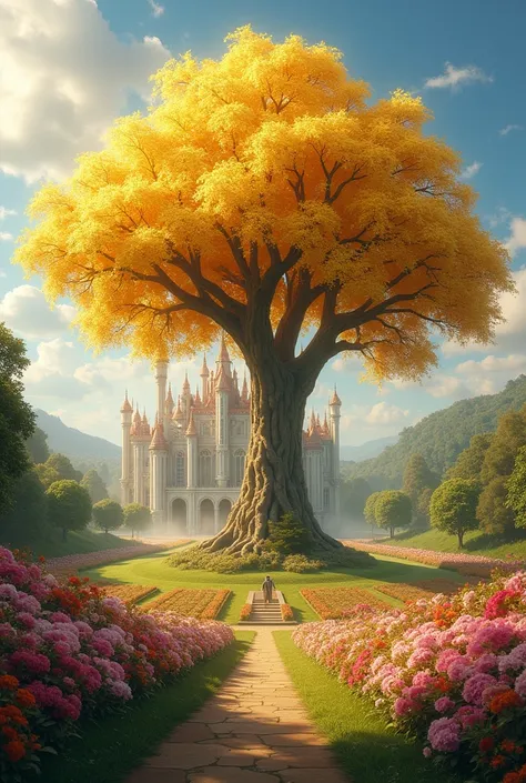 big beautiful golden shiny and gold tree shading a beautiful garden full of flowers inside a castle