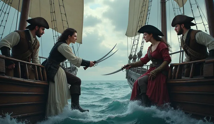 2. Exchange of provocations 
" Hyperrealistic scene of two pirate ships side by side on the high seas . Super sexy and sexy pirate women from the 1800s and period weapons like muskets and curved swords,  provoke men on the opposite ship . they,  with typic...